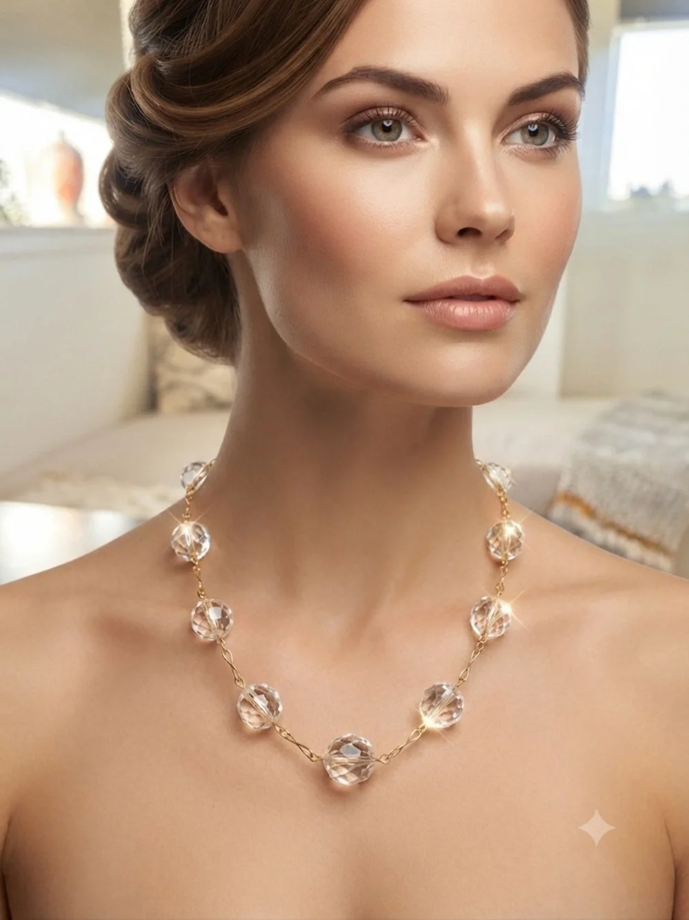 Elegant Gold Crystal Bead Necklace - Clear Crystals